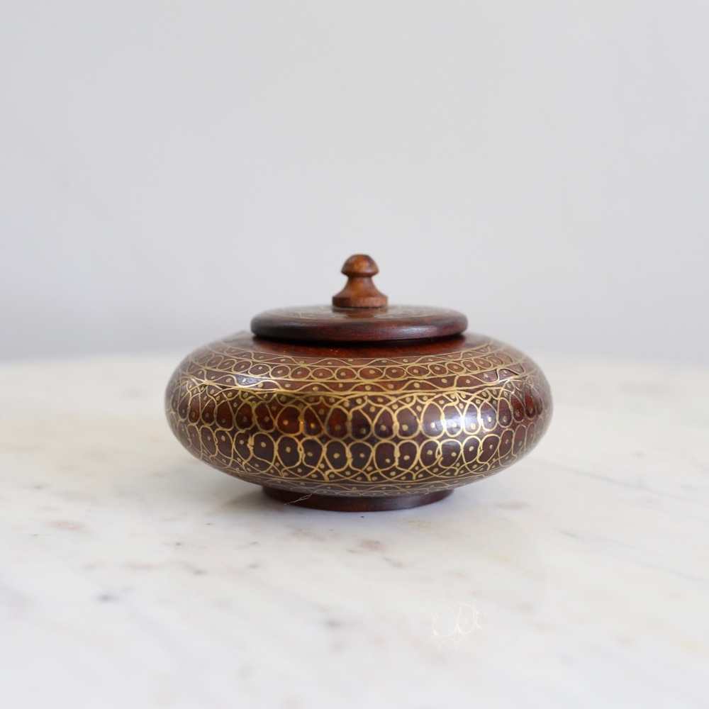 Travel inspired wood, gold embellished dish